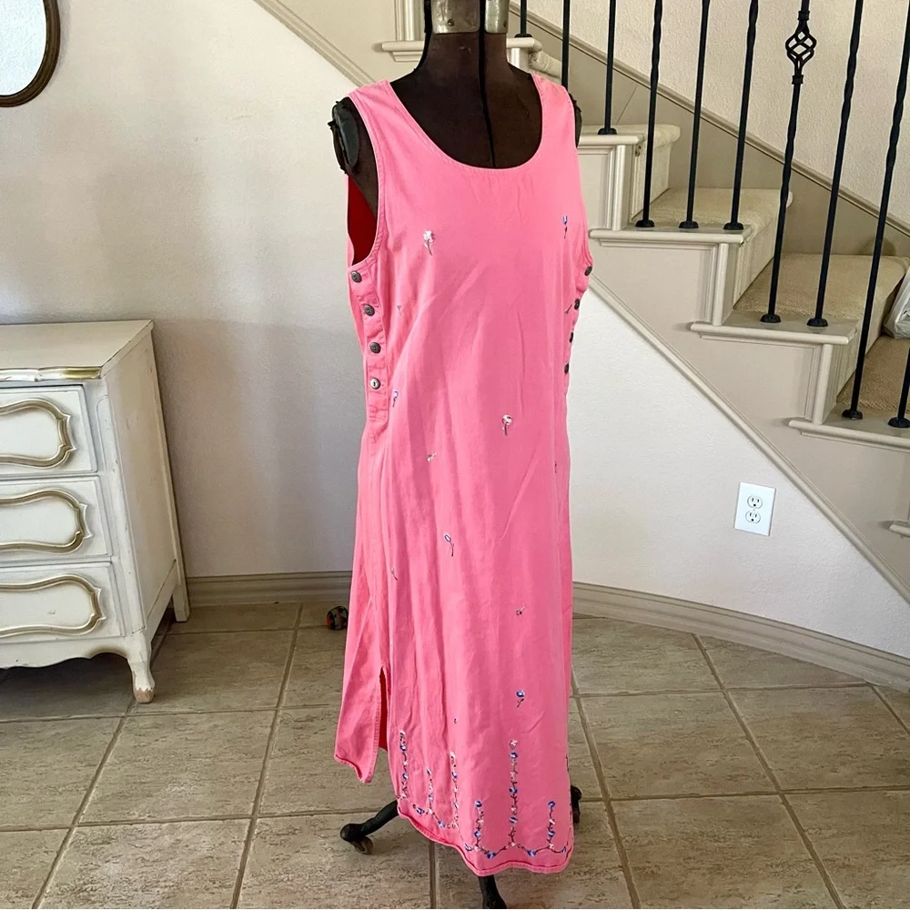 Vintage Basic Editions 100% Cotton Pink Twee Floral Embroidered Maxi Dress 90s - Picture 4 of 10